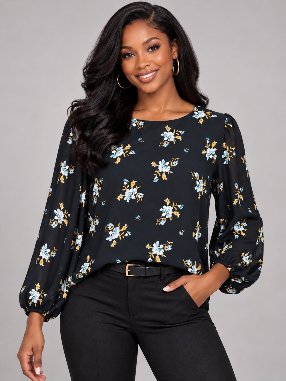 Loft Women's Size L Blouse Top Long Sleeve Blue Floral Polyester Crew Neck